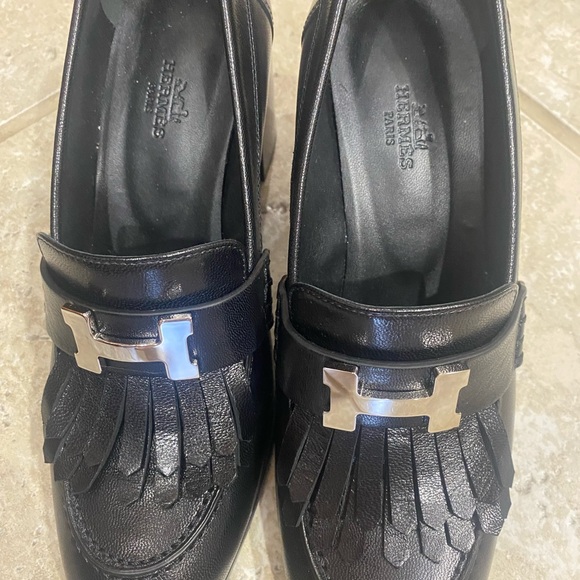 Hermes Black Leather Fringe Loafers with Silver H Hardware